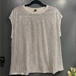 SHEIN Silver Sequin White Sleeveless Blouse